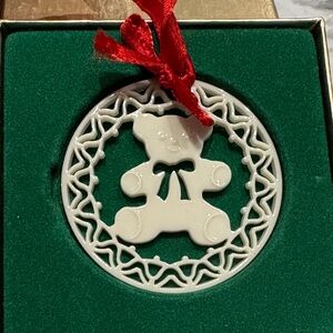 Lenox Cream Teddy Bear Ornament with Red Ribbon